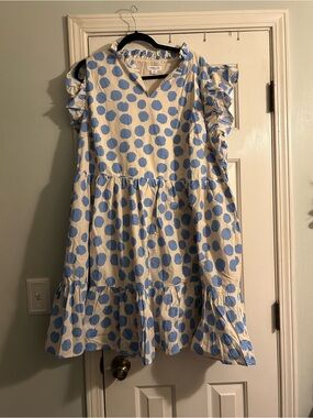 Chic Soul Cream Dress with Blue Polka Dots and Ruffle Sleeves